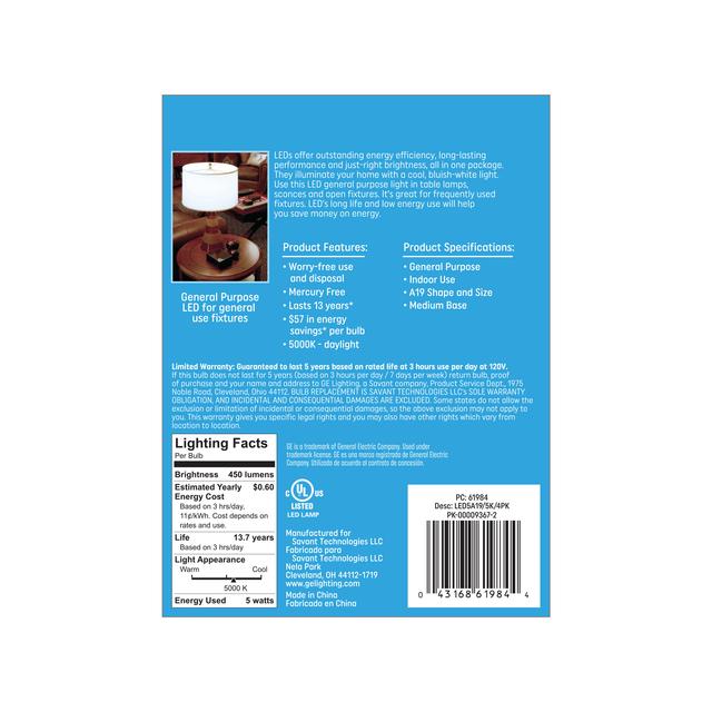 GE Classic LED 40 Watt Replacement, Daylight, A19 General Purpose Bulbs (4 Pack)