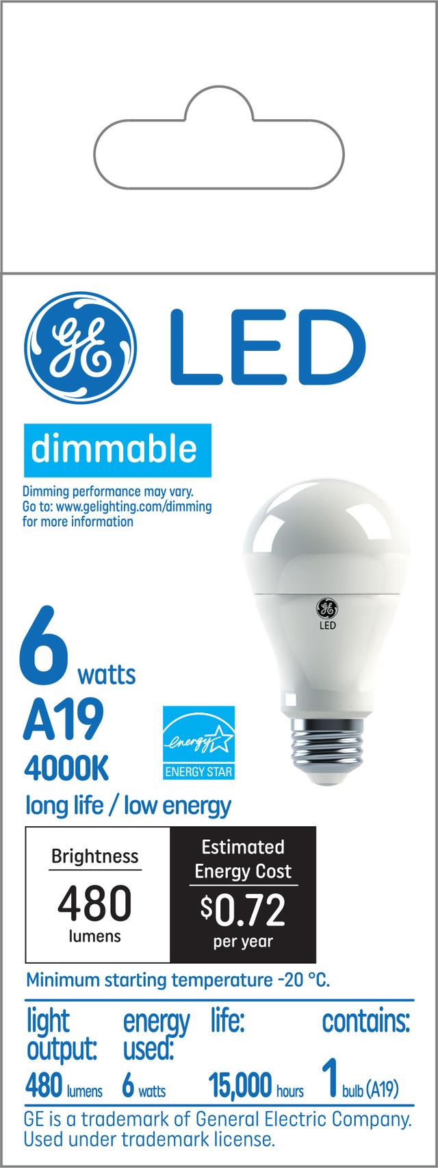 GE Classic LED 6 Watt, Cool White, A19 General Purpose Bulb (1 Pack)