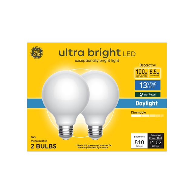 GE Ultra Bright LED 100 Watt Replacement, Daylight, G25 Vanity - Globe Bulbs (2 Pack)