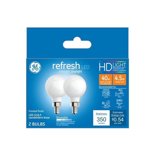 GE Refresh HD LED 40 Watt Replacement, Daylight, G16.5 Vanity - Globe Bulbs (2 Pack)