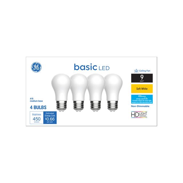 GE Basic LED 60 Watt Replacement, Soft White, A15 Ceiling Fan Bulbs (4 Pack)