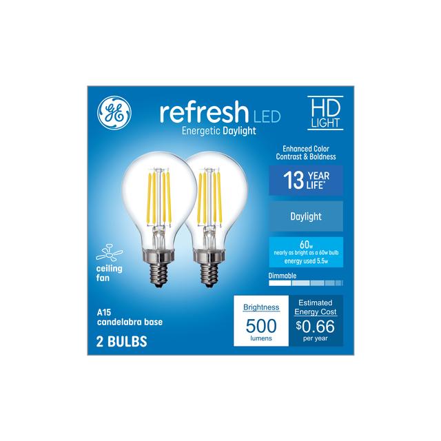 GE Refresh HD LED 60 Watt Replacement, Daylight, A15 Ceiling Fan Bulbs (2 Pack)