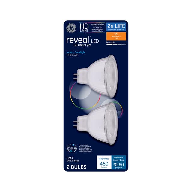 Front package of GE Reveal HD+ Color-Enhancing 50W Replacement LED Light Bulb Indoor MR16