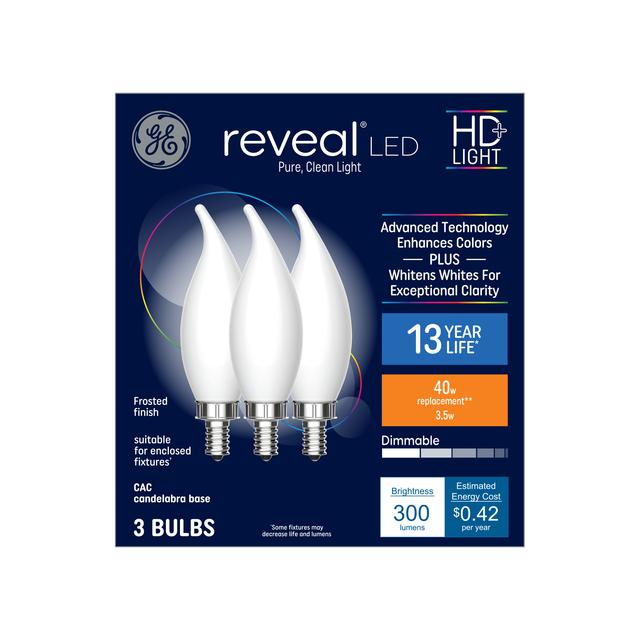 GE Reveal HD+ LED 40 Watt Replacement, Reveal, CA11 Deco - Candle Bulbs (3 Pack)