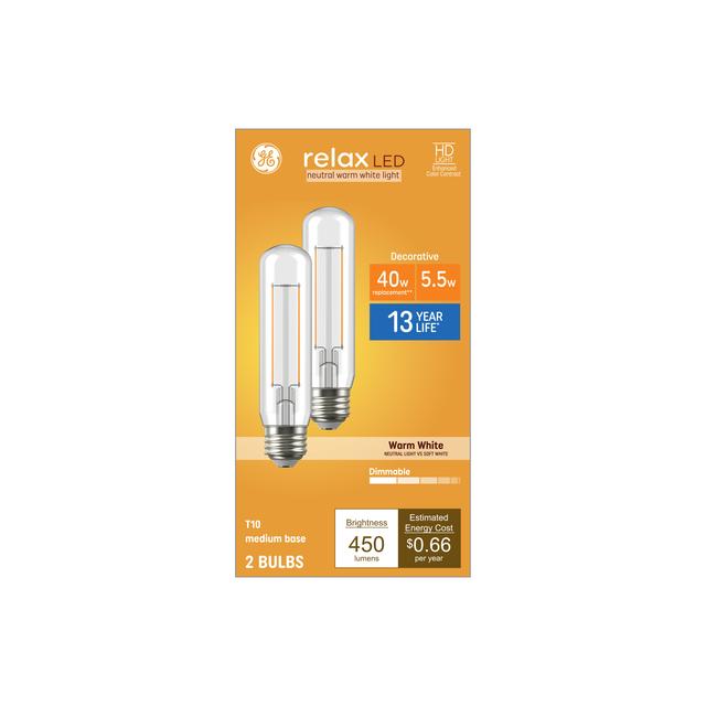 GE Relax HD LED 40 Watt Replacement, Warm White, T10 Deco - Tubular Bulbs (2 Pack)