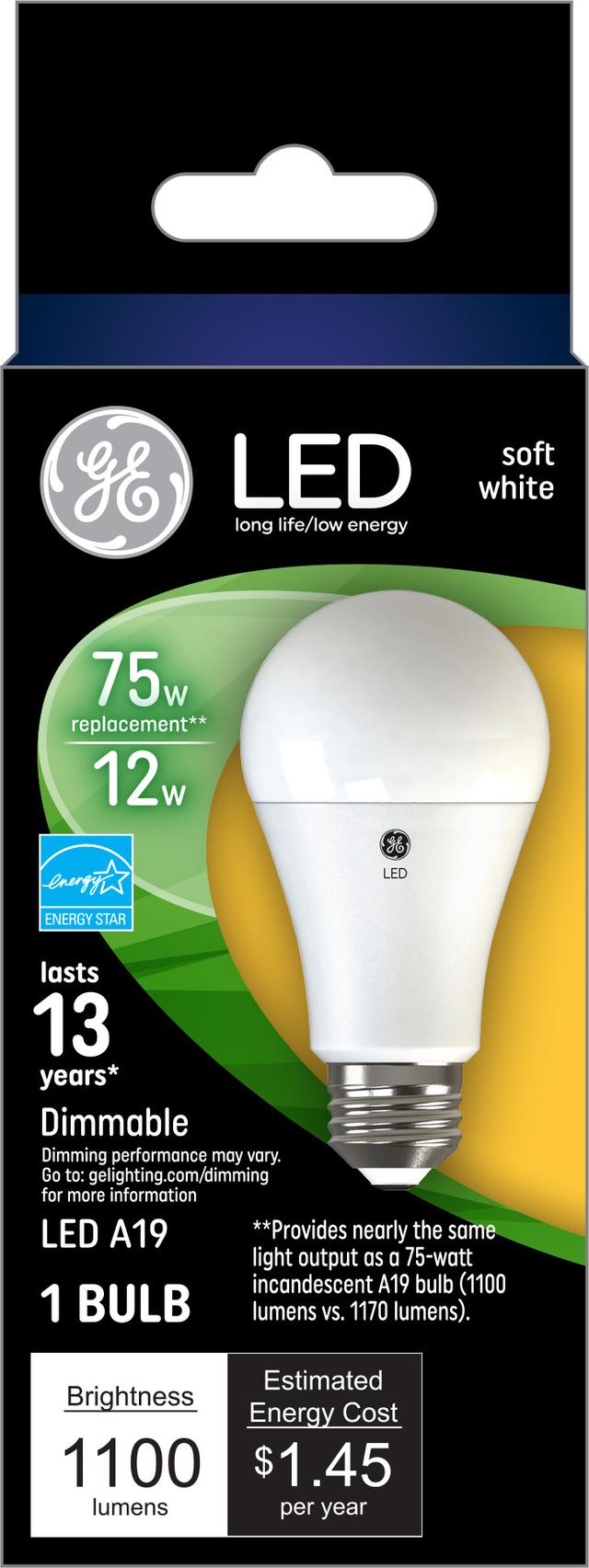 Emballage avant de GE Soft 75 White W Remplacement LED A19 Ampoule (1-Pack) intérieure à usage général