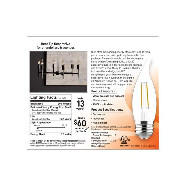 GE Classic LED 40 Watt Replacement, Soft White, CA11 Deco - Candle Bulbs (4 Pack)