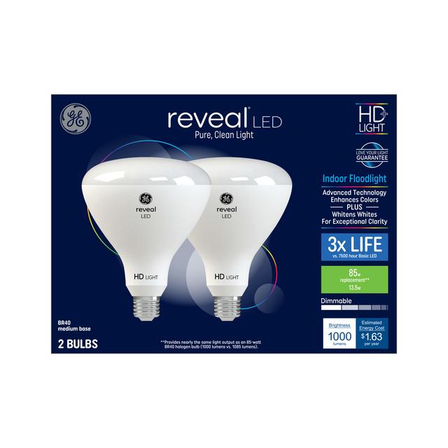 GE Reveal HD+ LED 85 Watt Replacement, Reveal, BR40 Indoor Floodlight Bulbs (2 Pack)