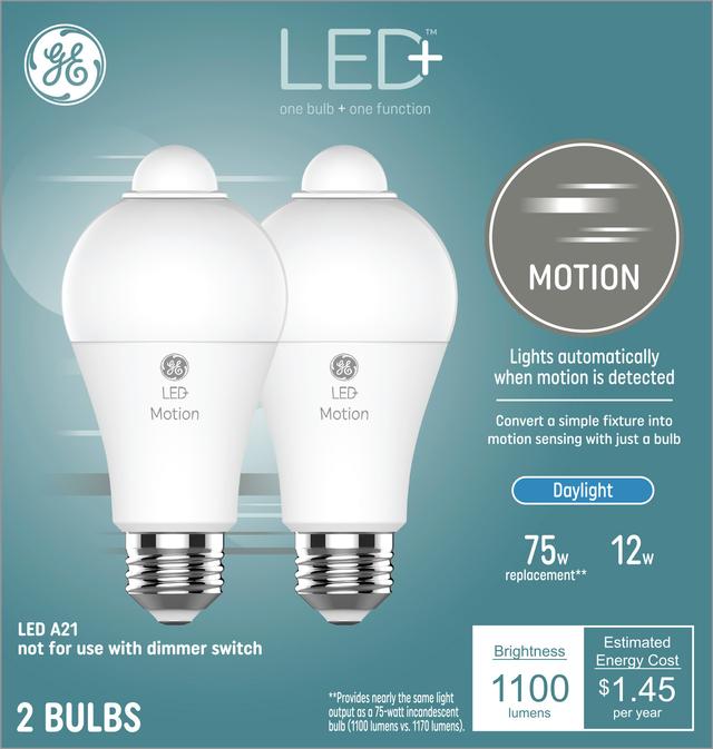 GE LED+ Motion Lamp LED Light Bulbs, General Purpose, A21 Bulbs, 12 Watts (2 Pack)