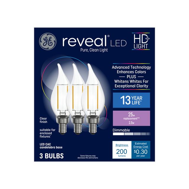 GE Reveal HD+ LED 25 Watt Replacement, Reveal, CA11 Deco - Candle Bulbs (3 Pack)