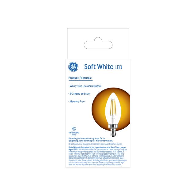 Back package of GE Soft White 60-Watt Replacement Decorative Candelabra Base LED Light Bulbs (2-Pack)