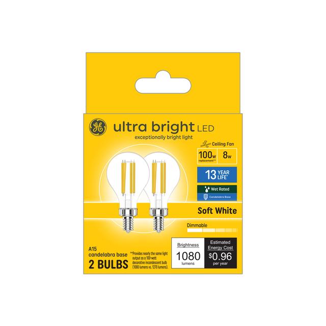 GE Ultra Bright LED 100 Watt Replacement, Soft White, A15 Ceiling Fan Bulbs (2 Pack)