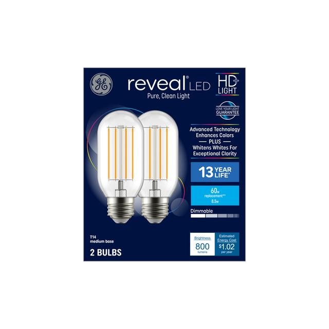 GE Reveal HD+ LED 60 Watt Replacement, Reveal, T14 Deco - Tubular Bulbs (2 Pack)