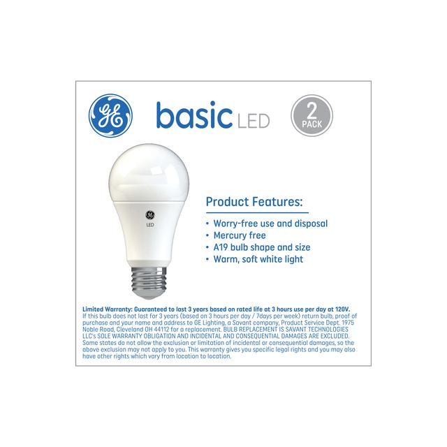 GE Basic LED 100 Watt Replacement, Soft White, A19 General Purpose Bulbs (2 Pack)