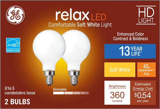 GE Relax HD LED 40 Watt Replacement, Soft White, G16.5 Vanity - Globe Bulbs (2 Pack)