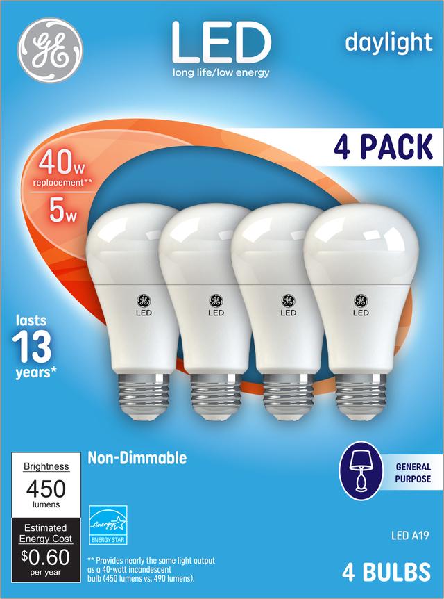Emballage avant de GE Daylight 40 W Replacement LED Light Bulbs General Purpose A19 (4-Pack)