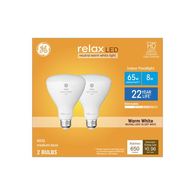 GE Relax HD LED 65 Watt Replacement, Warm White, BR30 Indoor Floodlight Bulbs (2 Pack)