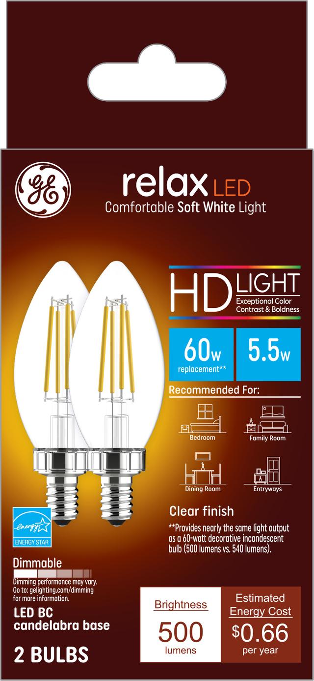 Emballage avant de GE Relax HD Soft 60 White W Ampoules LED de remplacement Base de candélabre BC (2-Pack) décorative transparente à pointe émoussée