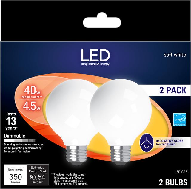 Emballage avant de GE Soft 60 White W Ampoules LED de remplacement Ventilateur de plafond blanc Base moyenne A15 (2-Pack)