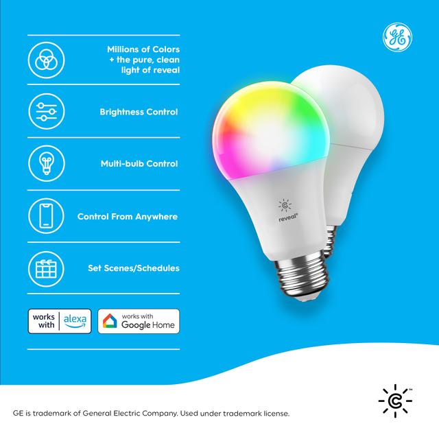 Back package of Cync Full Color reveal® Smart Bulbs (4 LED A19 Bulbs), 60W Replacement, Bluetooth/Wifi Enabled, Works With Alexa, Google Assistant Without Hub