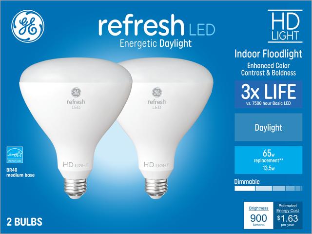 GE Refresh HD LED 65 Watt Replacement, Daylight, BR40 Indoor Floodlight Bulbs (2 Pack)