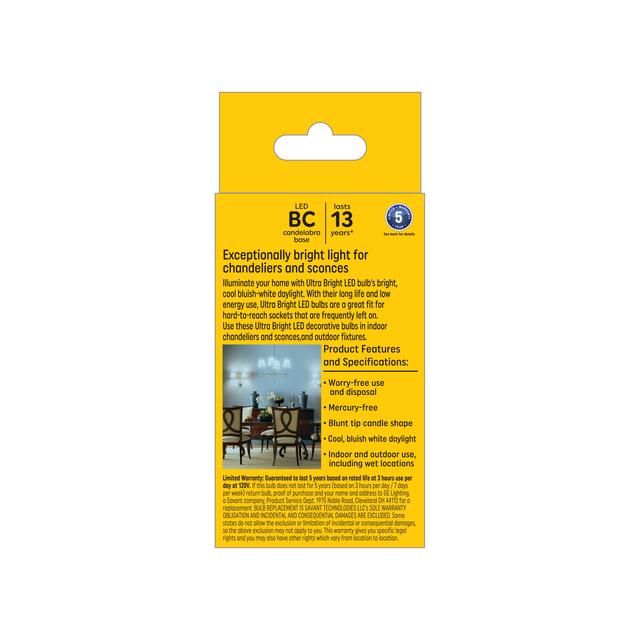 GE Ultra Bright LED 100 Watt Replacement, Daylight, B12 Deco - Candle Bulbs (2 Pack)