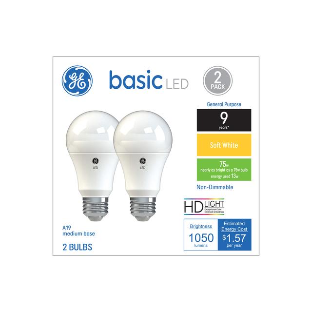 GE Basic LED 75 Watt Replacement, Soft White, A19 General Purpose Bulbs (2 Pack)