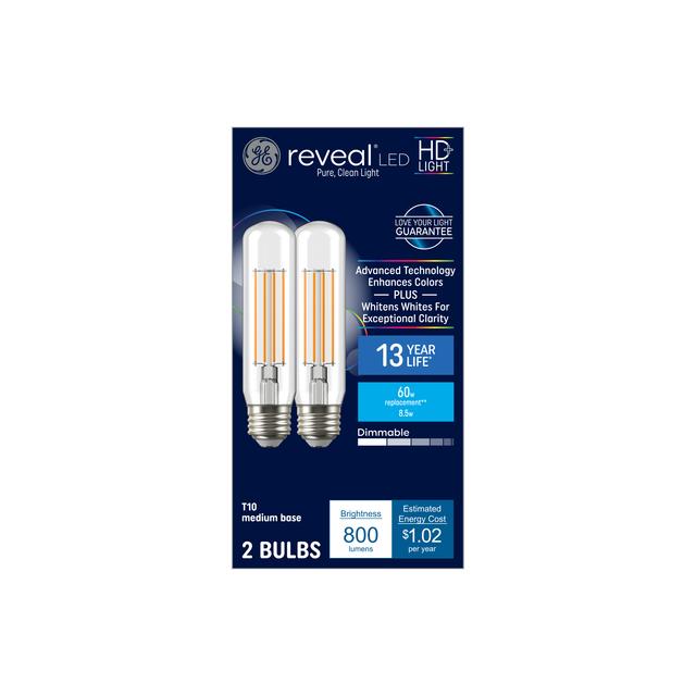 GE Reveal HD+ LED 60 Watt Replacement, Reveal, T10 Deco - Tubular Bulbs (2 Pack)