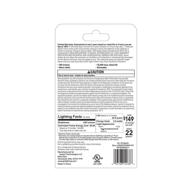 GE Specialty LED 60 Watt Replacement, Warm White, PAR16 Specialty Bulbs (2 Pack)