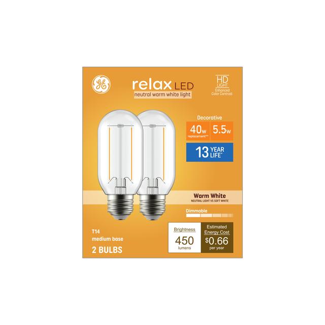 GE Relax HD LED 40 Watt Replacement, Warm White, T14 Deco - Tubular Bulbs (2 Pack)