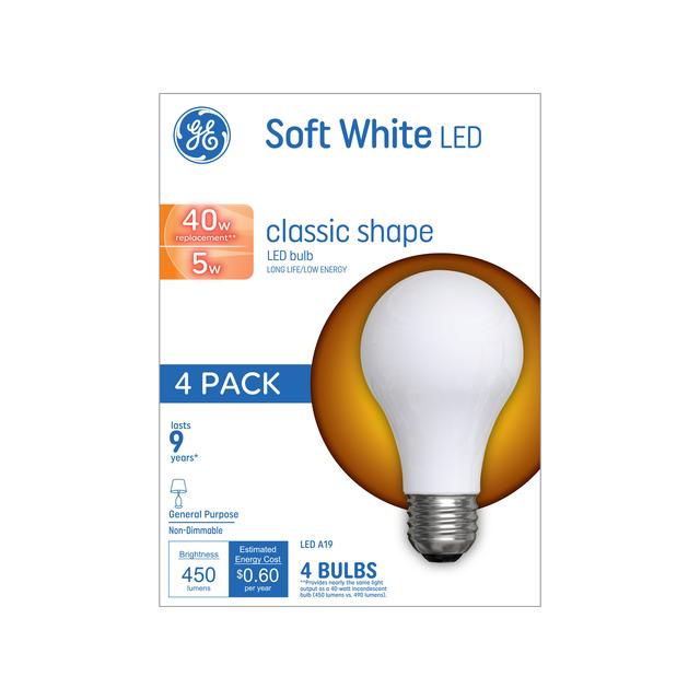 GE Basic LED 40 Watt Replacement, Soft White, A19 General Purpose Bulbs (4 Pack)