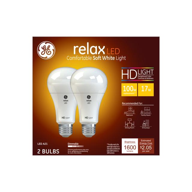 Front package of GE Relax HD Soft White 100W Replacement LED Light Bulbs White General Purpose A21 (2-Pack)