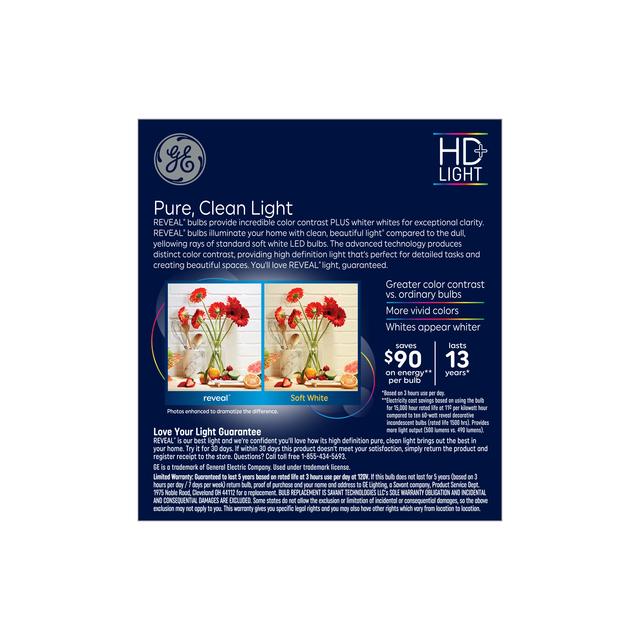 GE Reveal HD+ LED 60 Watt Replacement, Reveal, CA11 Deco - Candle Bulbs (3 Pack)