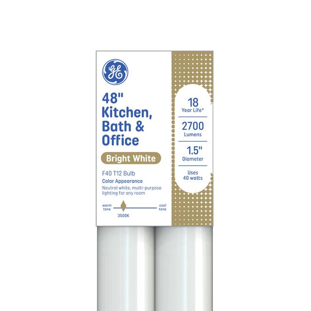 GE Bright White 40 Watt 48 Inch T12 G13 Base Fluorescent Tube 2 Pack