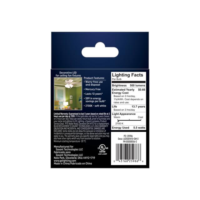 Back package of GE Soft White 60W Replacement LED Light Bulbs White Ceiling Fan Medium Base A15  (2-Pack)