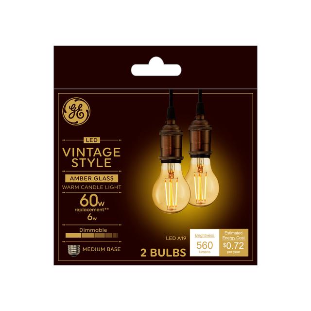 GE Vintage Style A19 LED Light Bulbs, Amber Glass, 60 Watt