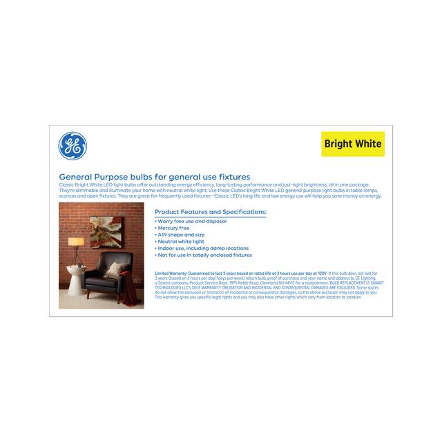 GE Classic LED 60 Watt Replacement, Bright White, A19 General Purpose Bulbs (8 Pack)