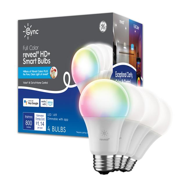 Front package of Cync Full Color reveal® Smart Bulbs (4 LED A19 Bulbs), 60W Replacement, Bluetooth/Wifi Enabled, Works With Alexa, Google Assistant Without Hub