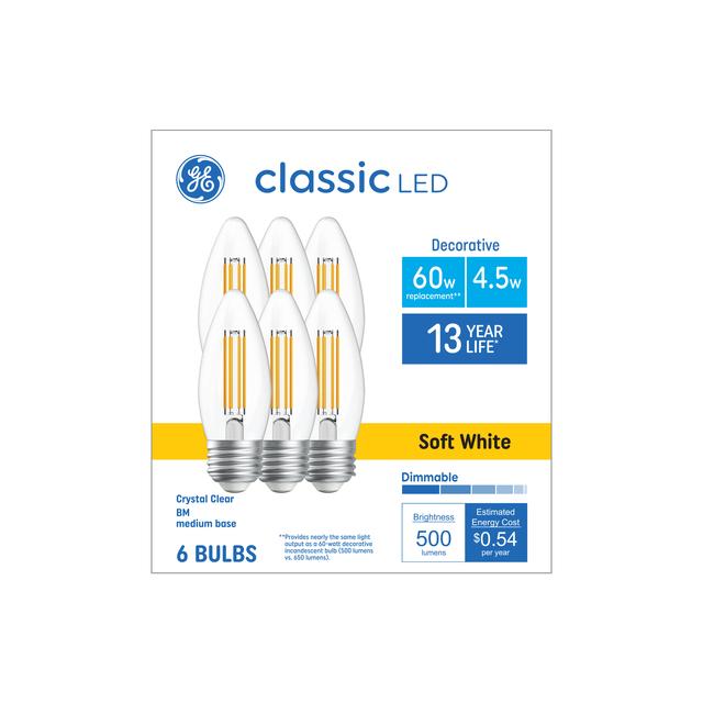GE Classic LED 60 Watt Replacement, Soft White, B11 Deco - Candle Bulbs (6 Pack)