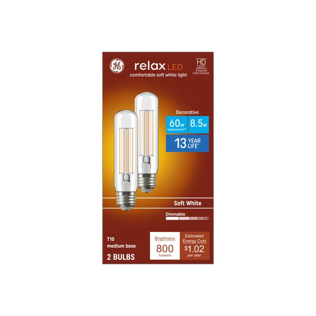 GE Relax HD LED 60 Watt Replacement, Soft White, T10 Deco - Tubular Bulbs (2 Pack)