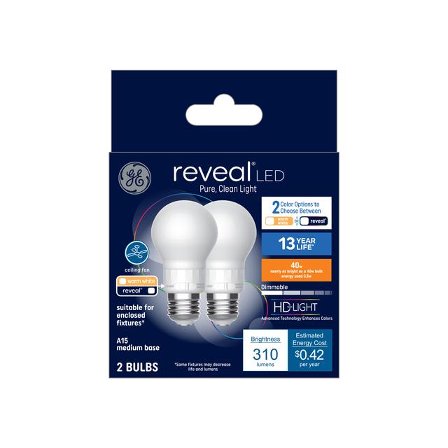 GE Reveal HD+ LED 40 Watt Replacement, Reveal, A15 Ceiling Fan Bulbs (2 Pack)