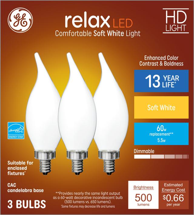 Front package of GE Relax HD Soft White 60W Replacement LED Light Bulbs Decorative White Bent Tip Candelabra Base CAC