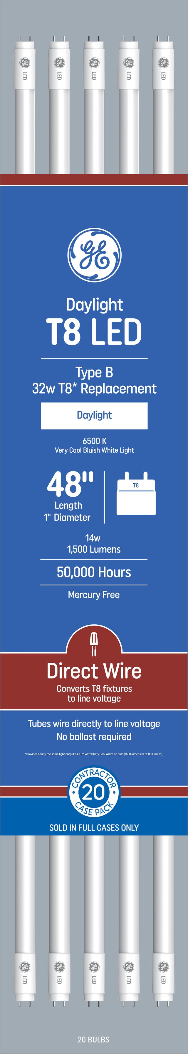 GE LED Direct Wire Daylight 14 Watt 47.78 Inches T8 G13 Base LED Tube