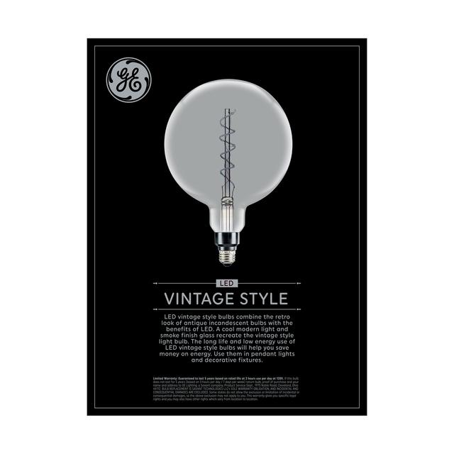 Back package of GE Vintage Cool Daylight 25W Replacement LED Smoke Finish Spiral Filament Decorative Medium Base G63 Light Bulb (1-Pack)