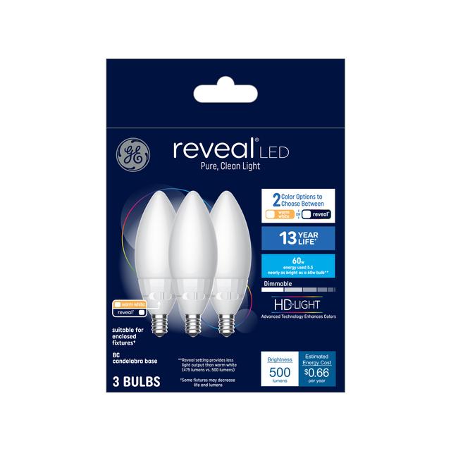 GE Reveal HD+ LED 60 Watt Replacement, Reveal, B11 Deco - Candle Bulbs (3 Pack)