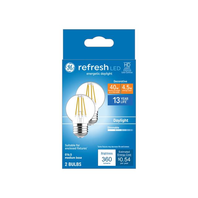 GE Refresh HD LED 40 Watt Replacement, Daylight, G16.5 Vanity - Globe Bulbs (2 Pack)