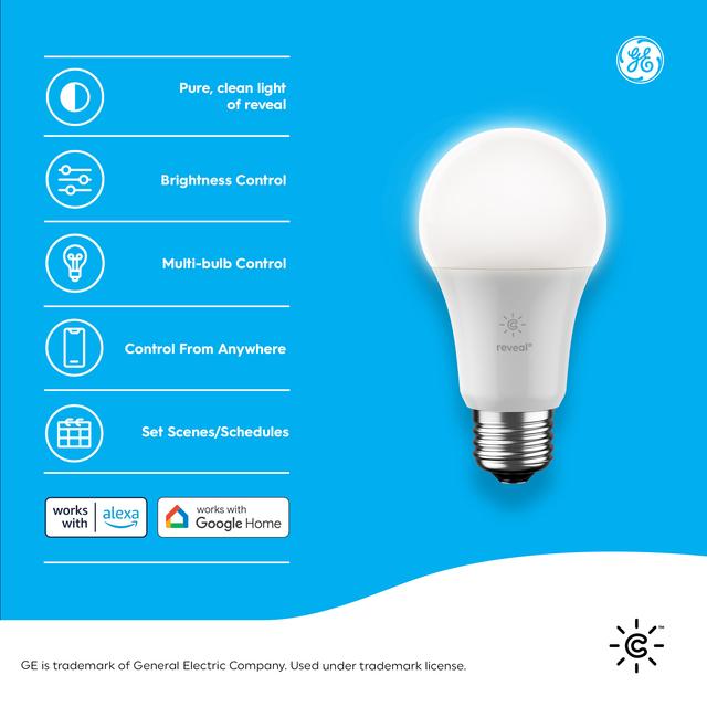 Back package of Cync White reveal® Smart Bulb (1 LED A19 Bulb), 60W Replacement, Bluetooth/Wifi Enabled, Works With Alexa, Google Assistant Without Hub