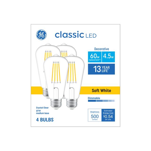 GE Classic LED 60 Watt Replacement, Soft White, ST19 Edison Bulbs (4 Pack)