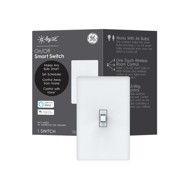 Front package of GE C by GE Smart Switch, Neutral Wire Required, On-Off Toggle Style with Bluetooth and 2.4 GHz WiFi, Alexa and Google Home Compatible without a Hub (Packaging May Vary)