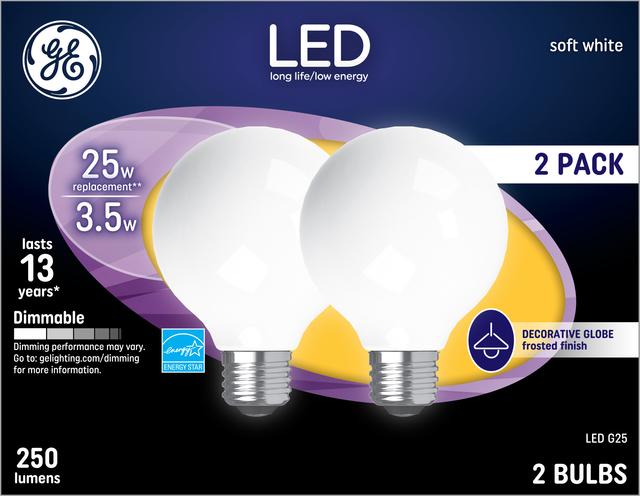 Front package of GE Soft White 25W Replacement LED Light Bulbs Decorative Globe Medium Base White G25  (2-Pack)